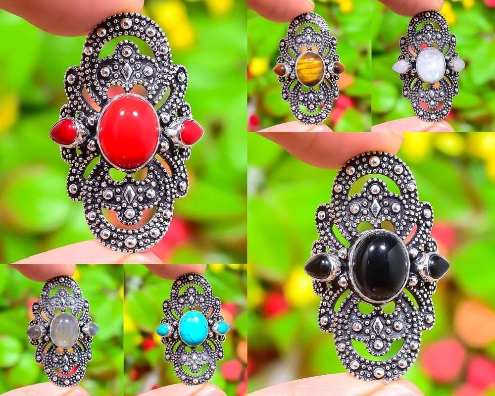 Rainbow Moonstone,Multi Gemstone Handmade 925 Sterling Silver Ring Variation