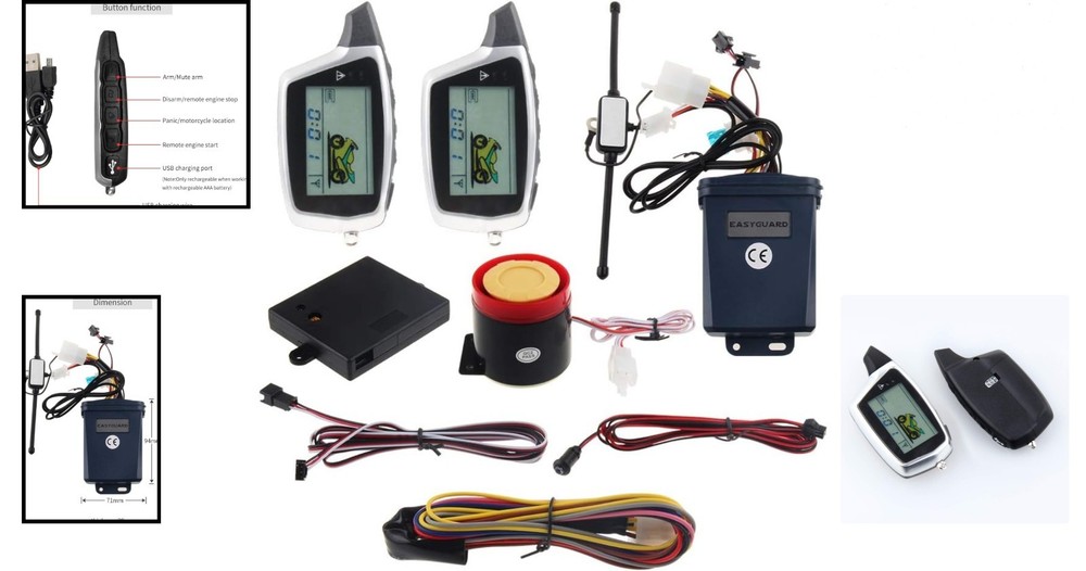 2-Way Motorcycle Alarm System with LCD Display & Rechargeable Remote