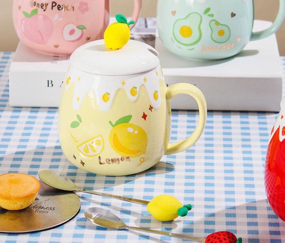 Ceramic Mug Lemon Coffee Cup Water Cup with Lid and Spoon