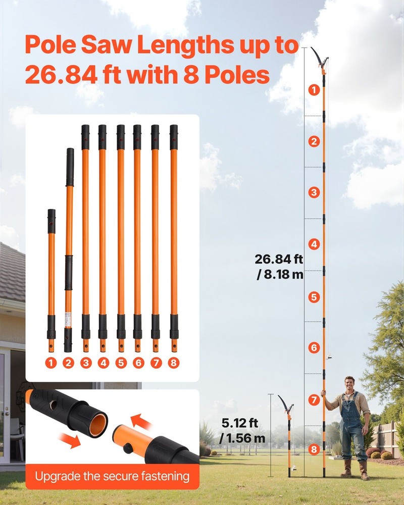 4.46-26.4ft 8-Section Extendable Pole Saw Featuring Scissors + Dual-Hook Saws