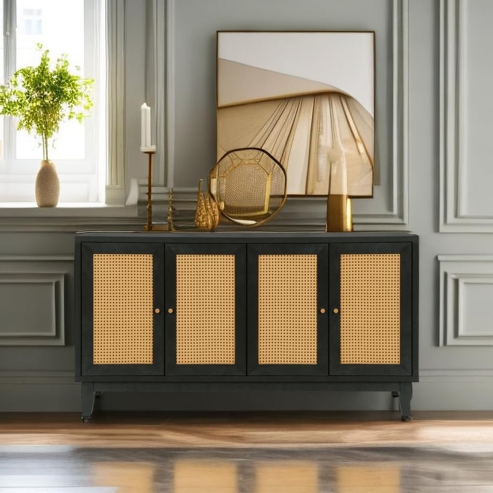 AMNOOL Rattan Accent Sideboard Storage Cabinet Console Table w/4 Doors Dark Gray