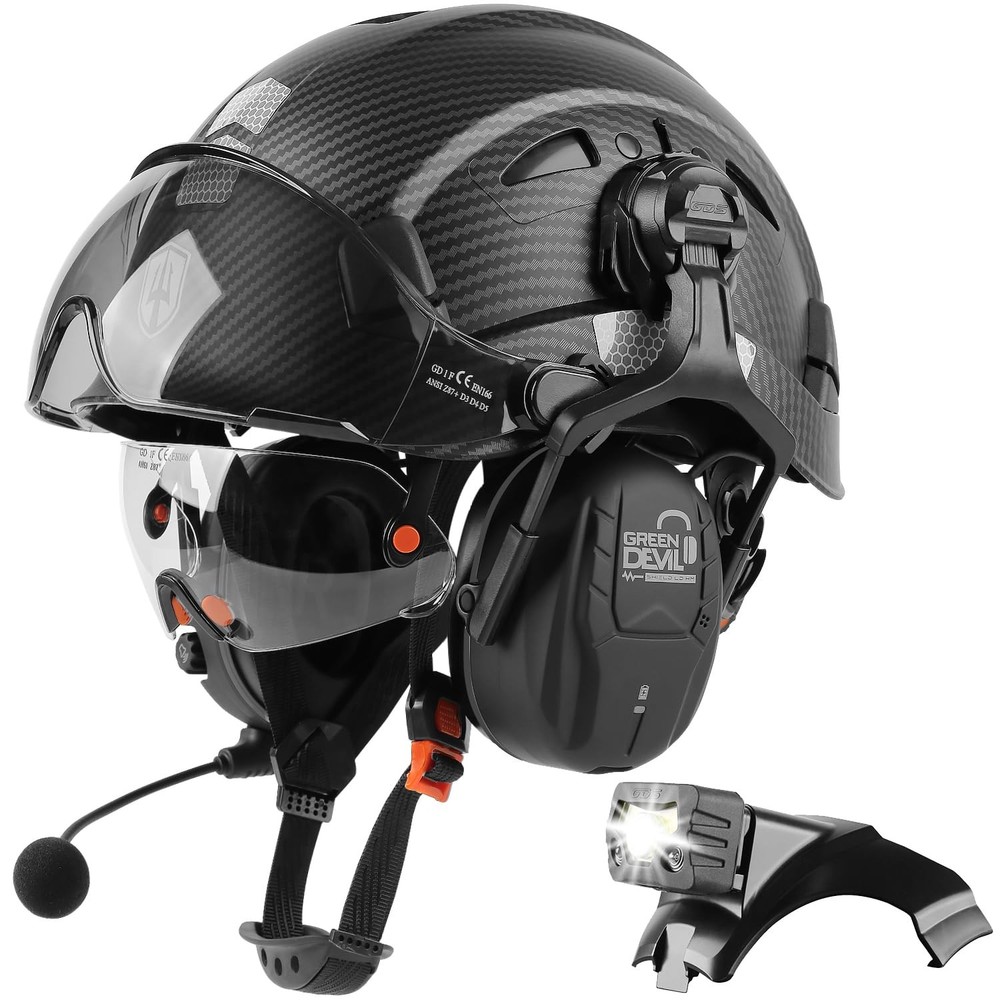 GREEN DEVIL Hard Hat Safety Helmet with Visor Bluetooth Ear Muffs and Headlam...