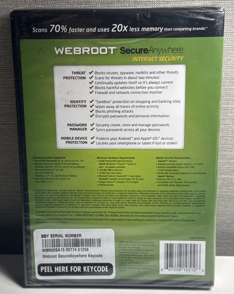 Webroot Software Secure Anywhere Internet Security 2013 for PC/Mac. NEW ~ Sealed