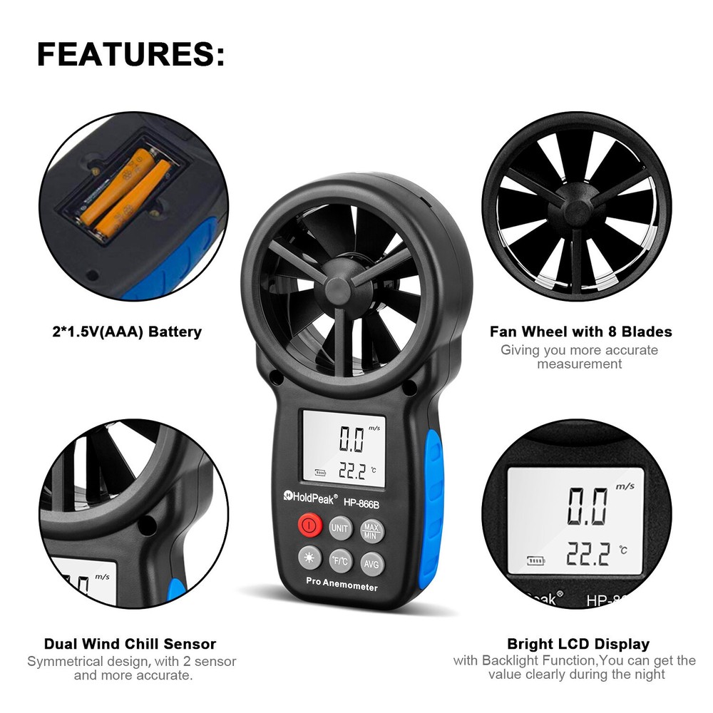 Digital Handheld Anemometer with Bluetooth & Temp Sensor - 30m/s Max Wind Speed
