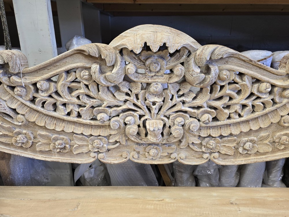 Reclaimed solid wood bench with floral carving design
