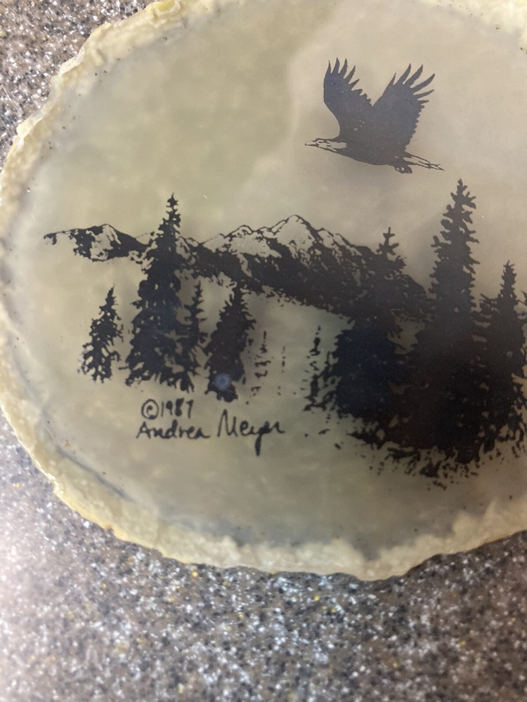 Vintage Andrea Meyer Signed Soaring Eagle on Sliced Agate Geode 1987 3”