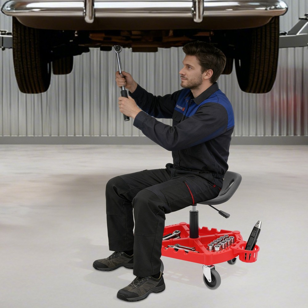 Sturdy Rolling Garage Stool with Backrest & Tool Tray - 330lbs Capacity