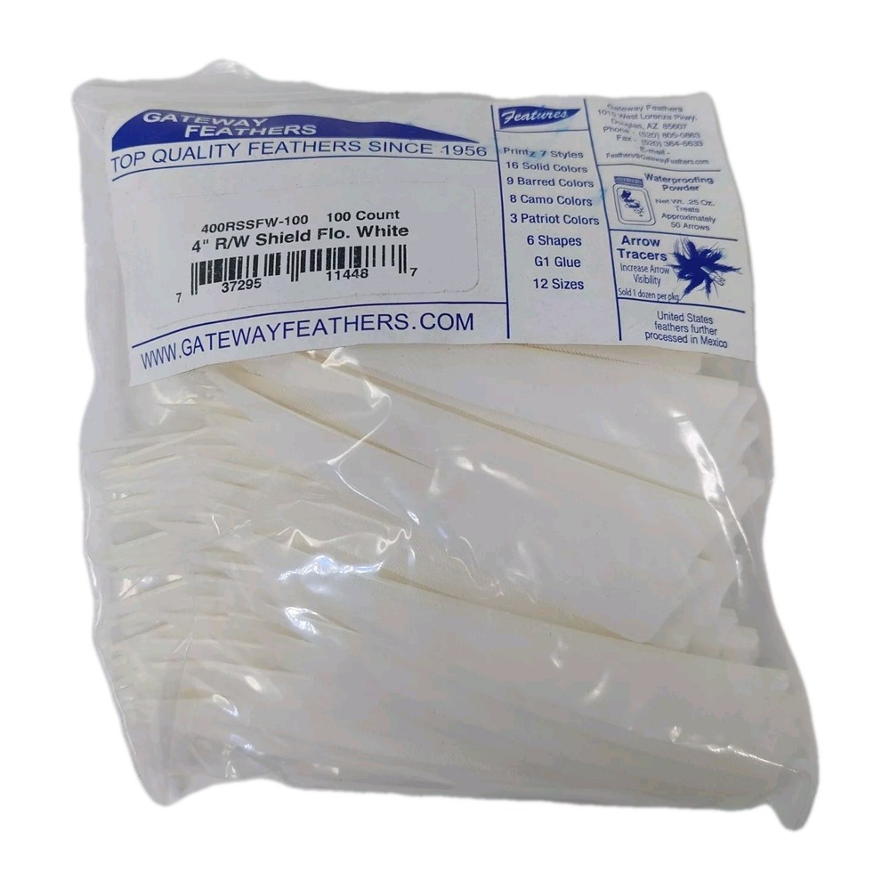 100 Pack Gateway Feathers 4" Right Wing: Shield Flo. Florescent White 400RSSFW