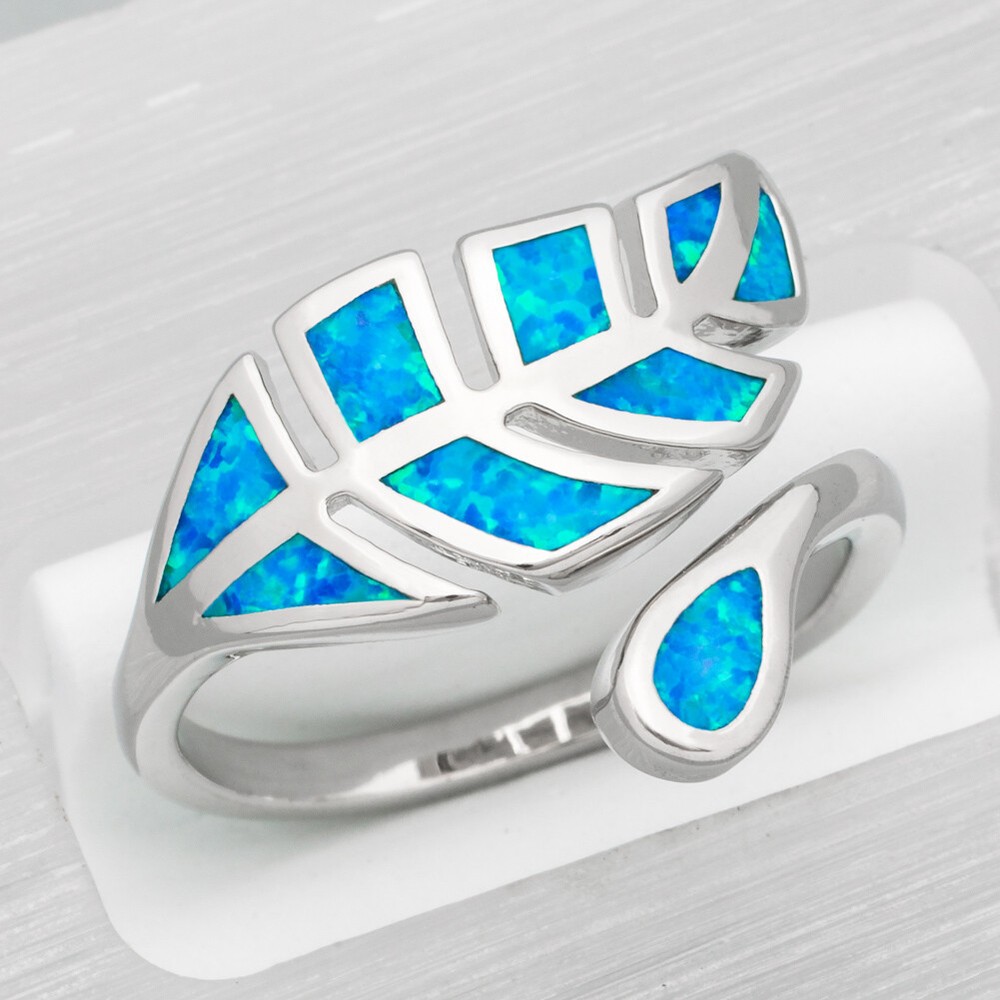 Tree Leaf Blue Fire Opal Silver Jewelry Bypass Wrap Ring Fit Size 7 8 9