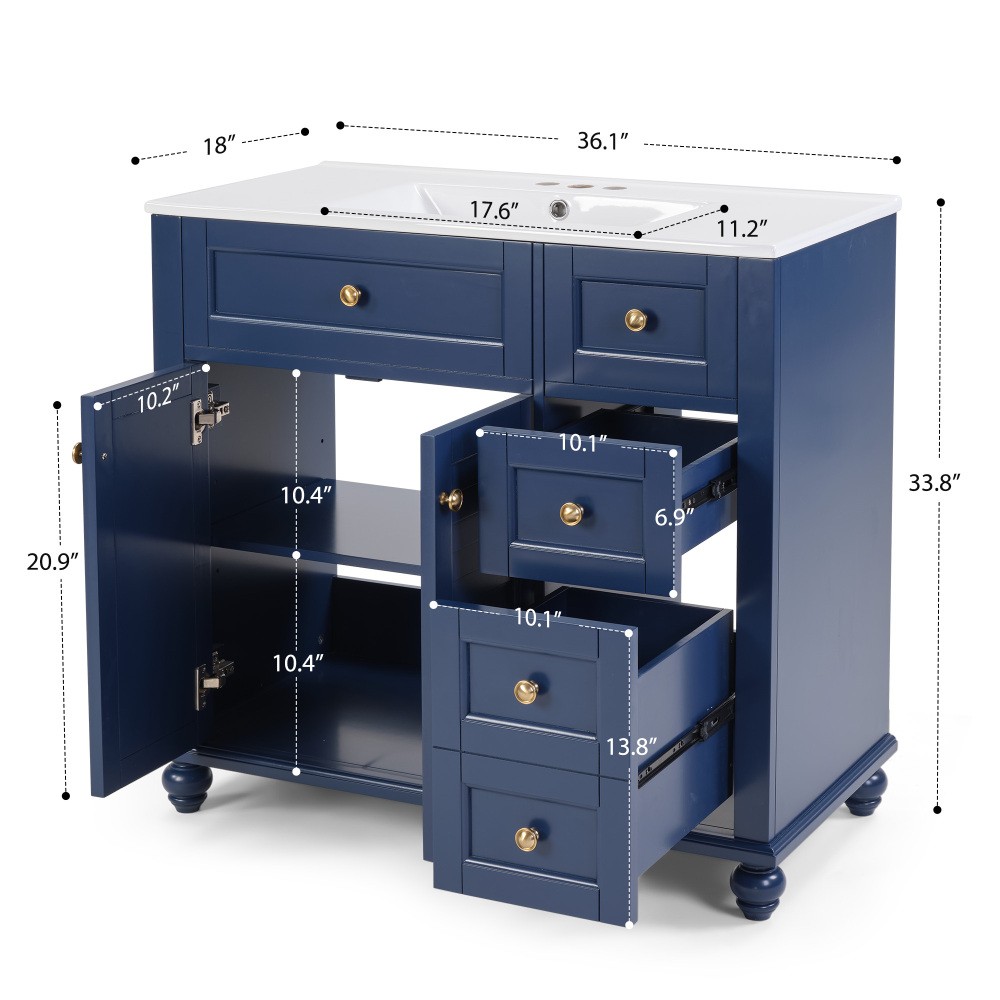36" Blue Bathroom Vanity with Ceramic Sink, Soft-Close Drawers, Solid Wood Frame