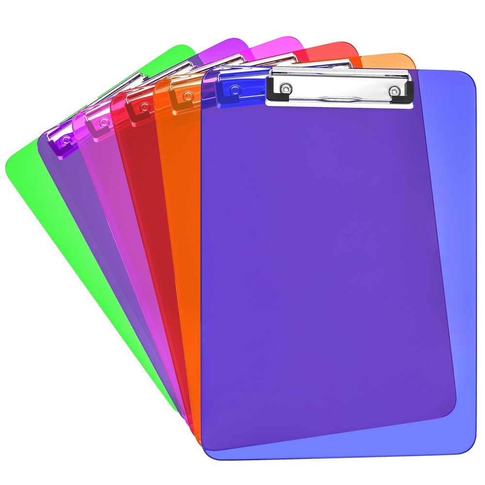 Kiggos 6 Pack Plastic Clipboards Colored Transparent Clear Clip Multicolor