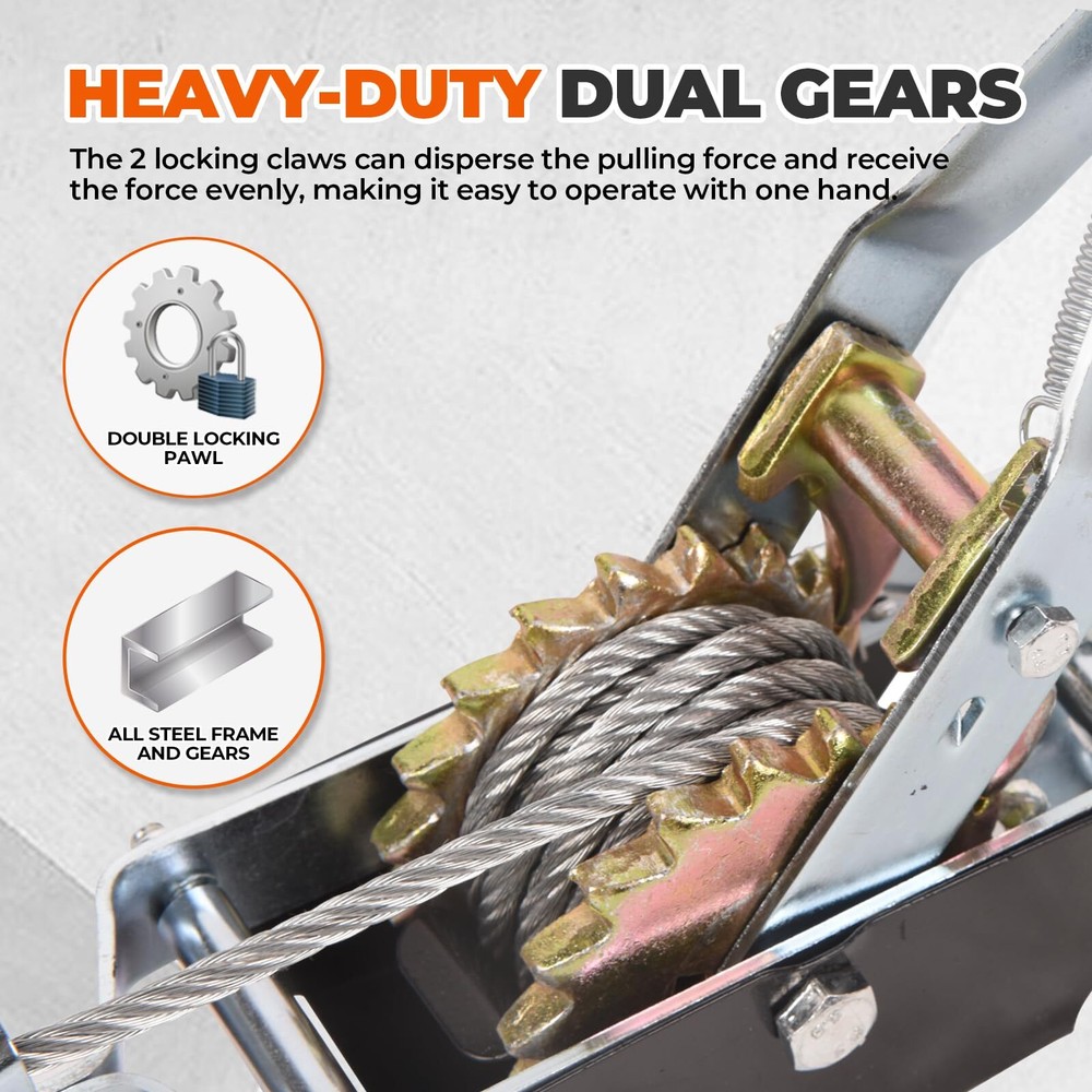 4T Come Along Gear Power Puller Heavy Duty Hand Power Cable Puller 2 Hook Dual