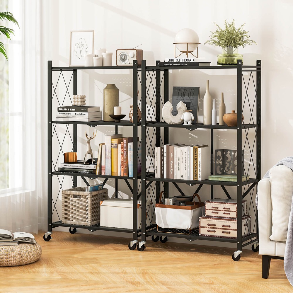 4-tier Foldable Storage Shelving Unit w/4 Universal Wheels for Kitchen Study