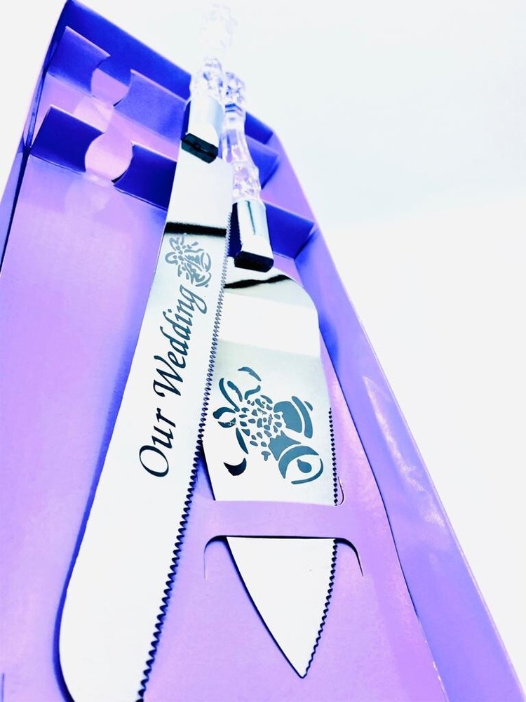 OUR WEDDING CAKE KNIFE AND SERVER SET EMBOSSED WITH BELL DESIGN - SILVER