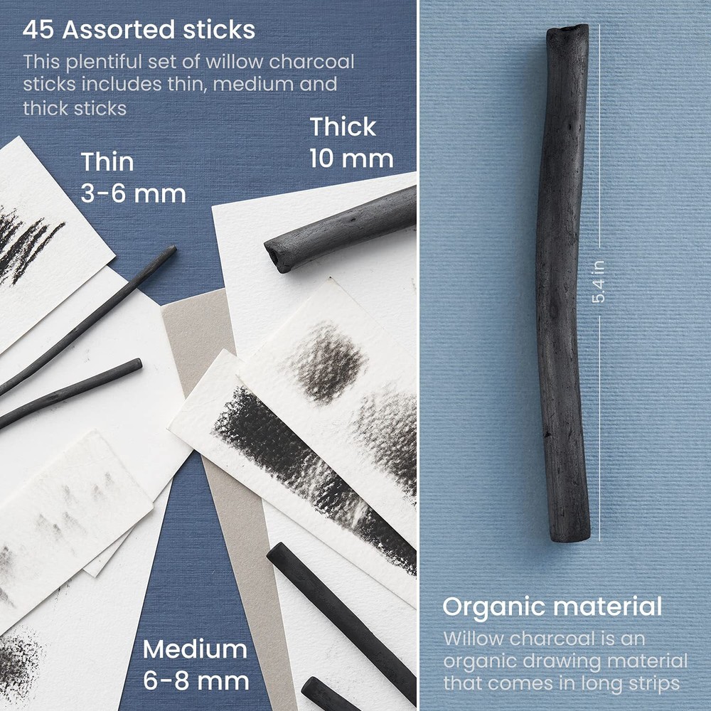 Arteza Willow Charcoal Sticks | Assorted Sizes - Set of 45