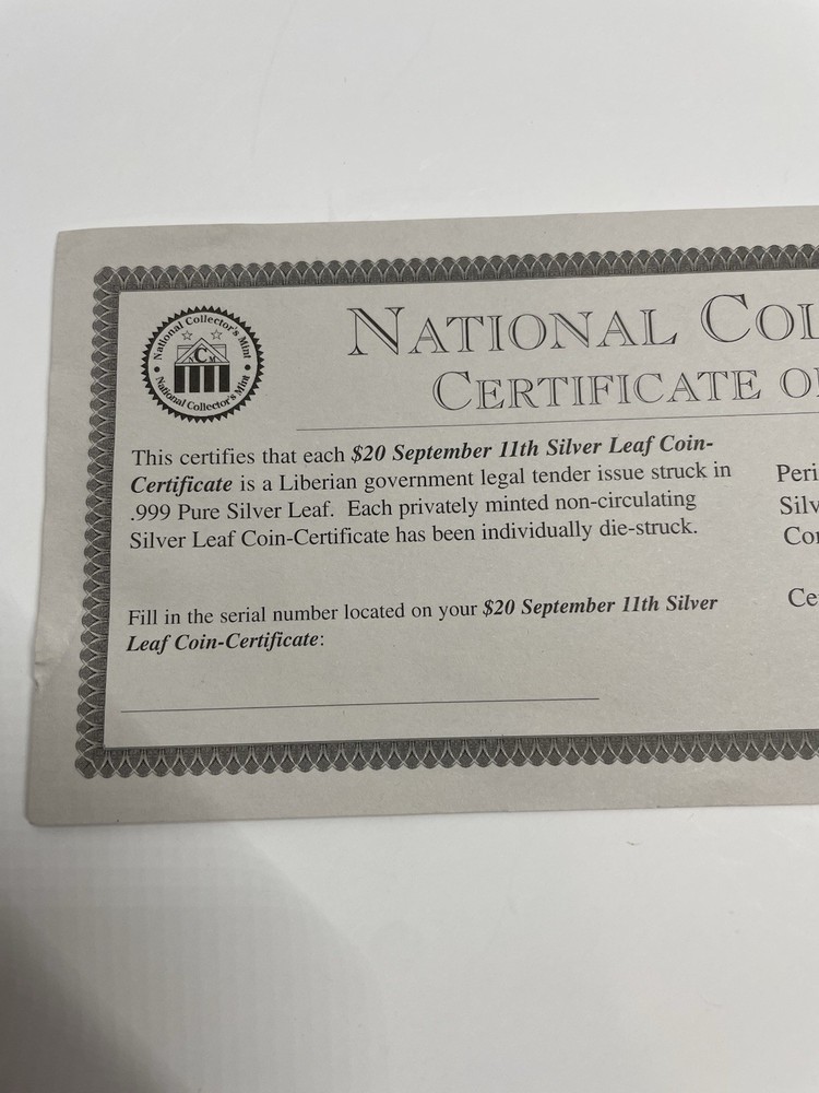 $20 September 11th Silver Leaf Coin-Certificate With COA