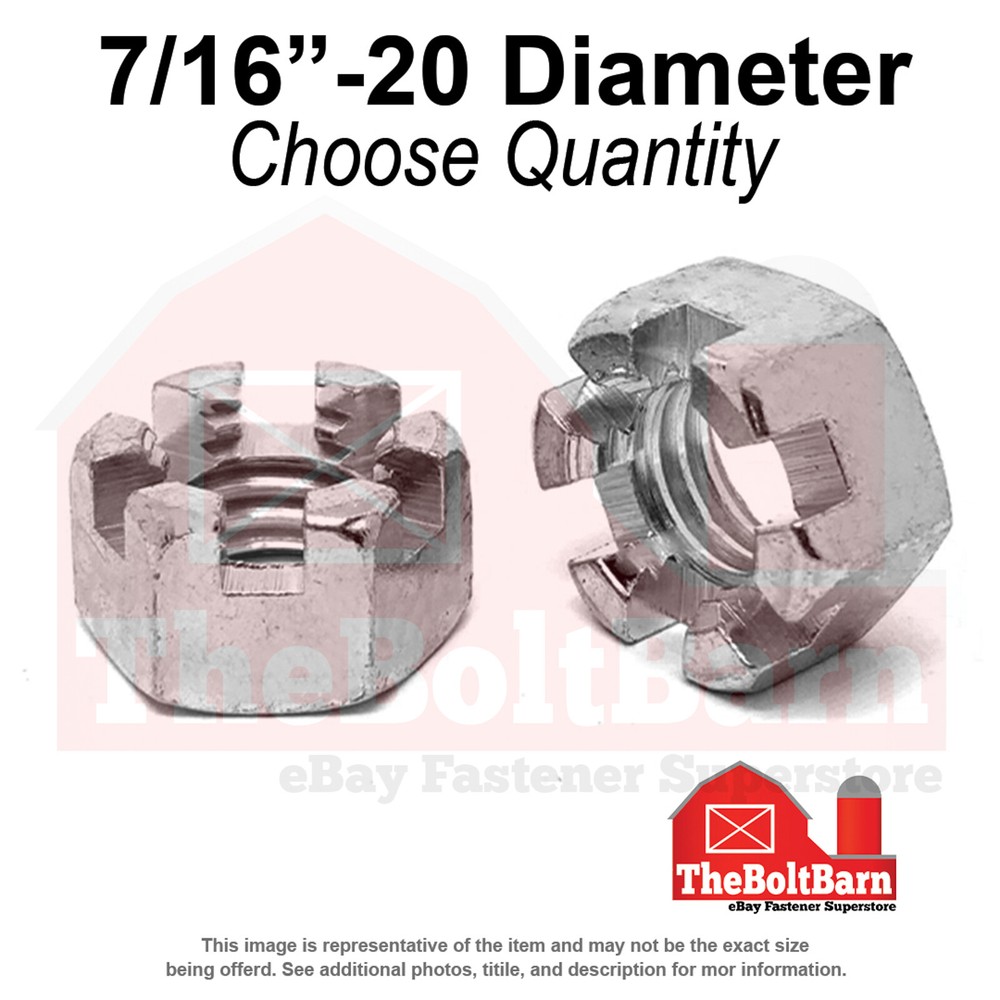 7/16"-20 Low Carbon Steel Slotted Hex Nuts Plain Fine Thread (Pick Quantity)
