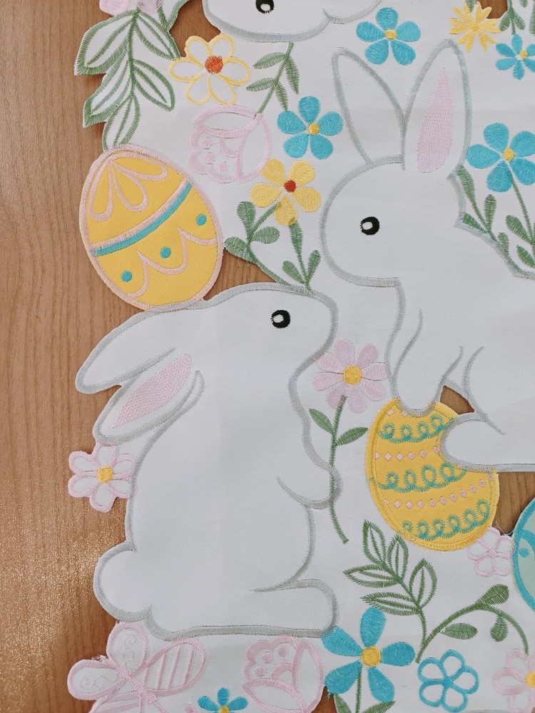 Easter Embroidered Table Runner with Flowers, Bunny, Eggs, Butterfly Designs,...