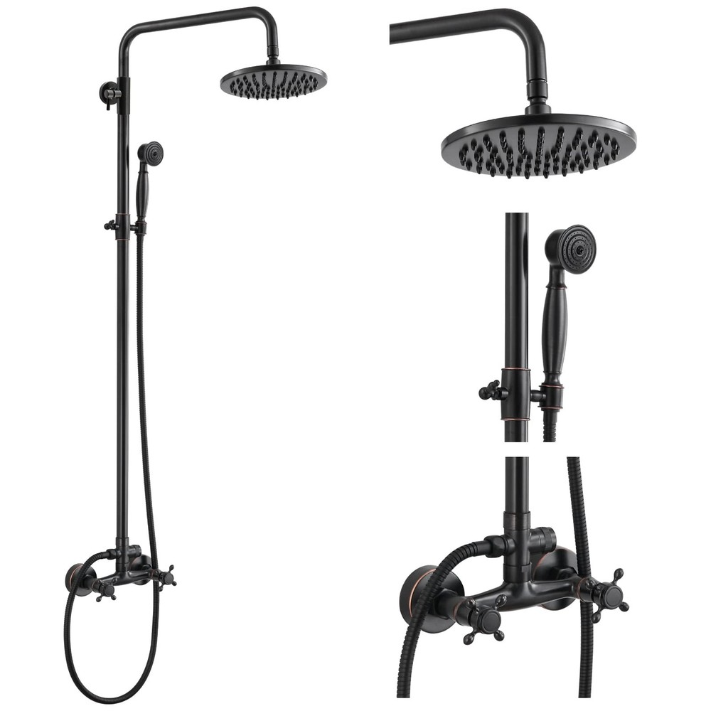 Dual Functions Exposed Pipe Shower System Round 8 Inch Rainfall Shower Head B...