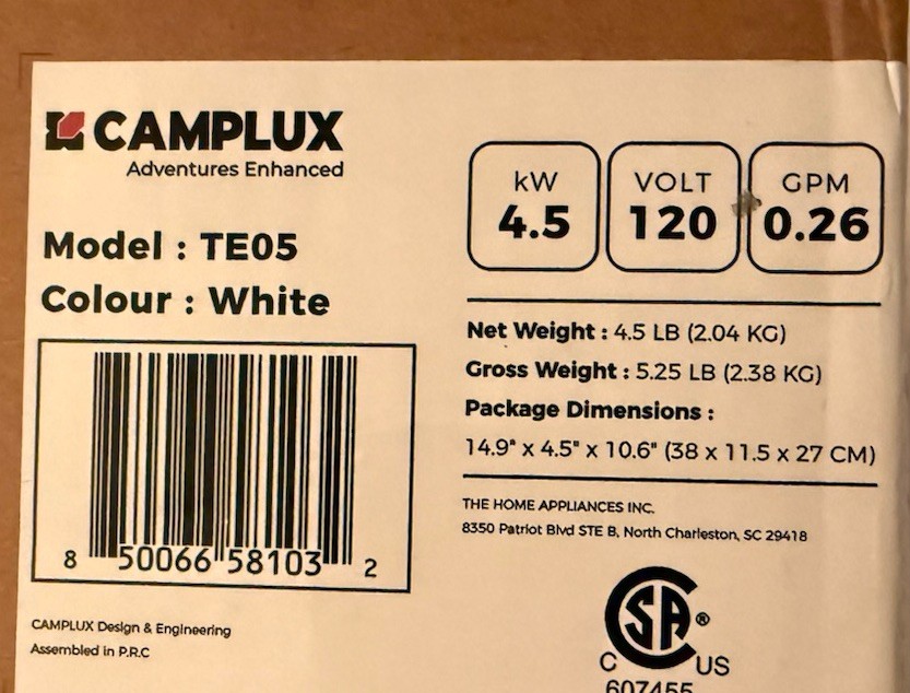 Camplux TE05 Electric Tankless Water Heater
