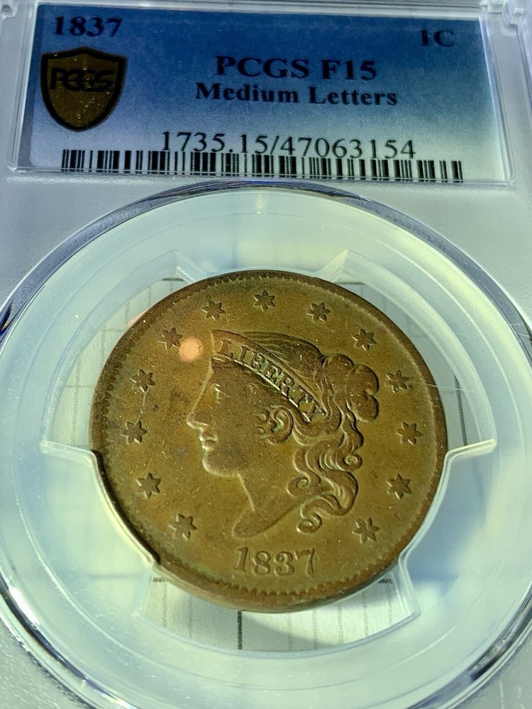 1837 CORONET HEAD -LARGE CENT- RARE -PCGS GOLD LABEL- medium Letters
