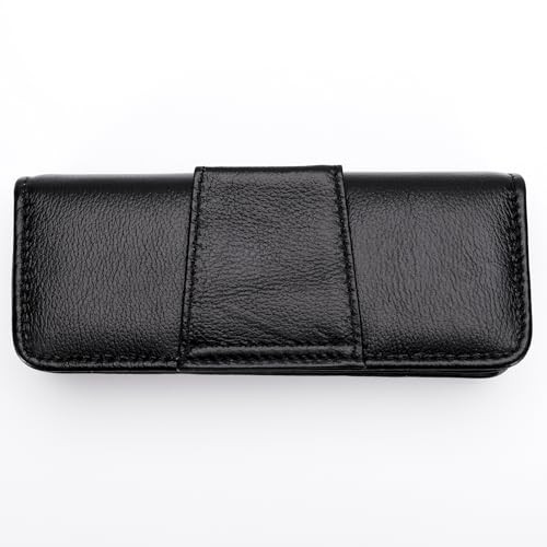 Small Folding Presbyopia Glasses Case, Cowhide Leather Folding Black (Medium)