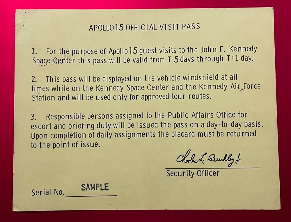 APOLLO 15 1971 OFFICIAL PRESS SAMPLE AUTHORIZATION YELLOW VEHICLE PERMIT PASS