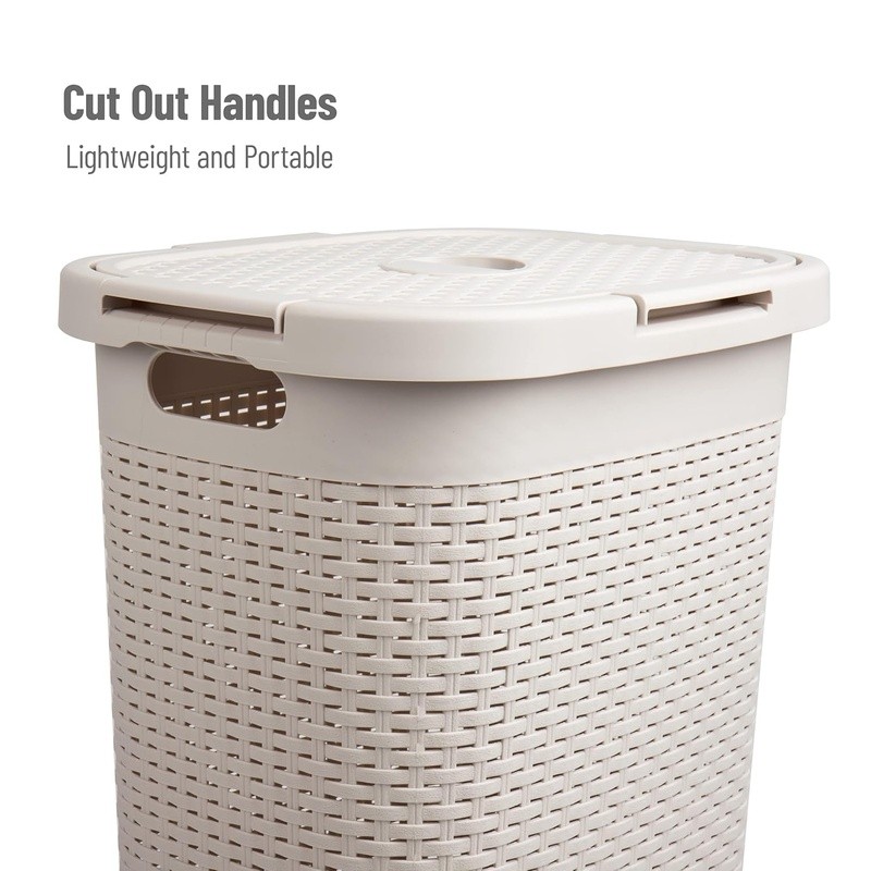 Slim Laundry Hamper W/ Lid Portable Plastic Wicker Design Space-Saving Basket US