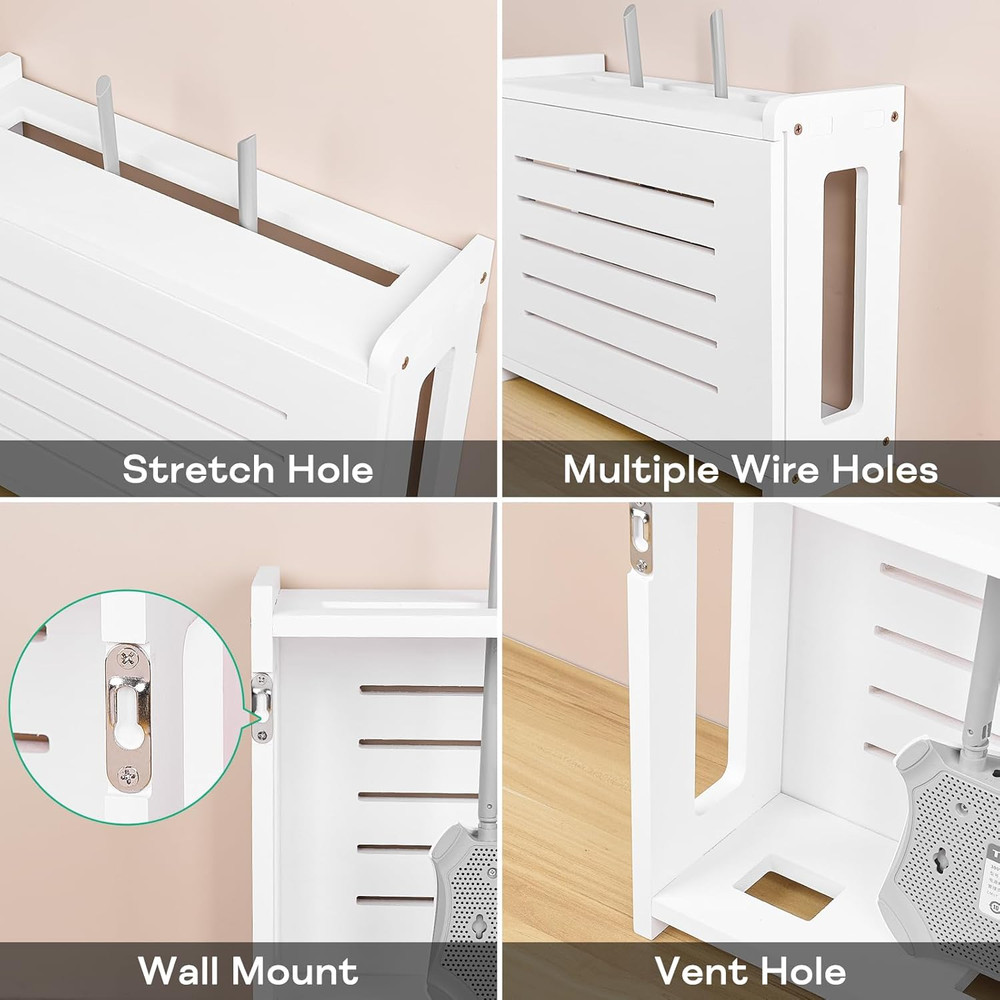 Wall-Mounted Router Shelf with Cable Management - Solid Wood, White Finish