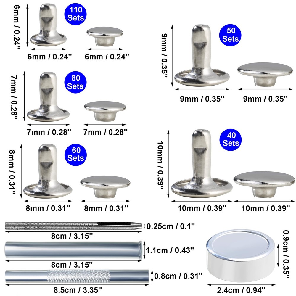 340 Sets Silver Double Cap Leather Rivets Kit Mixed Sizes with Crafting Tool