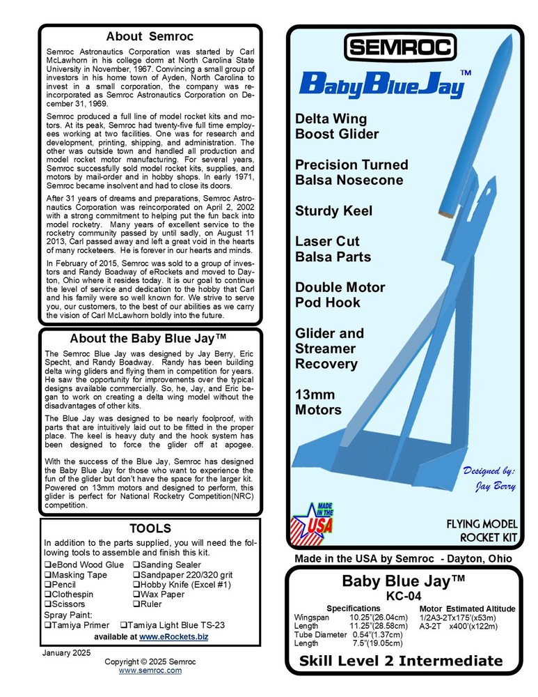 Semroc Flying Model Rocket Kit Baby Blue Jay SEM-KC-04