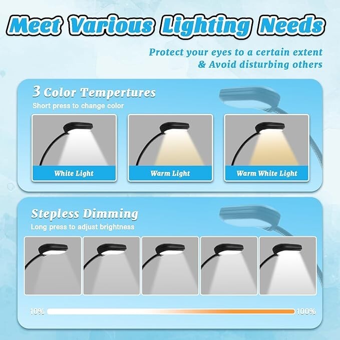 Black Rechargeable Reading Light with 3 Color Temperatures & Dimming Brightness