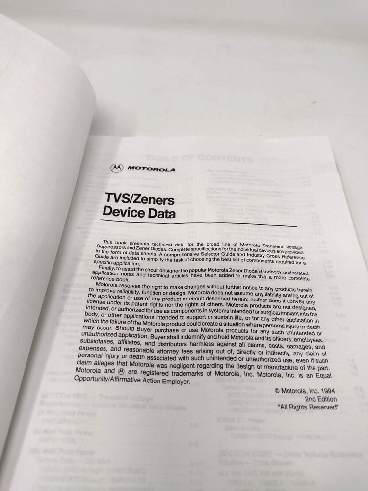 Motorola Semiconductor TVS / Zener Device Data Book 1994