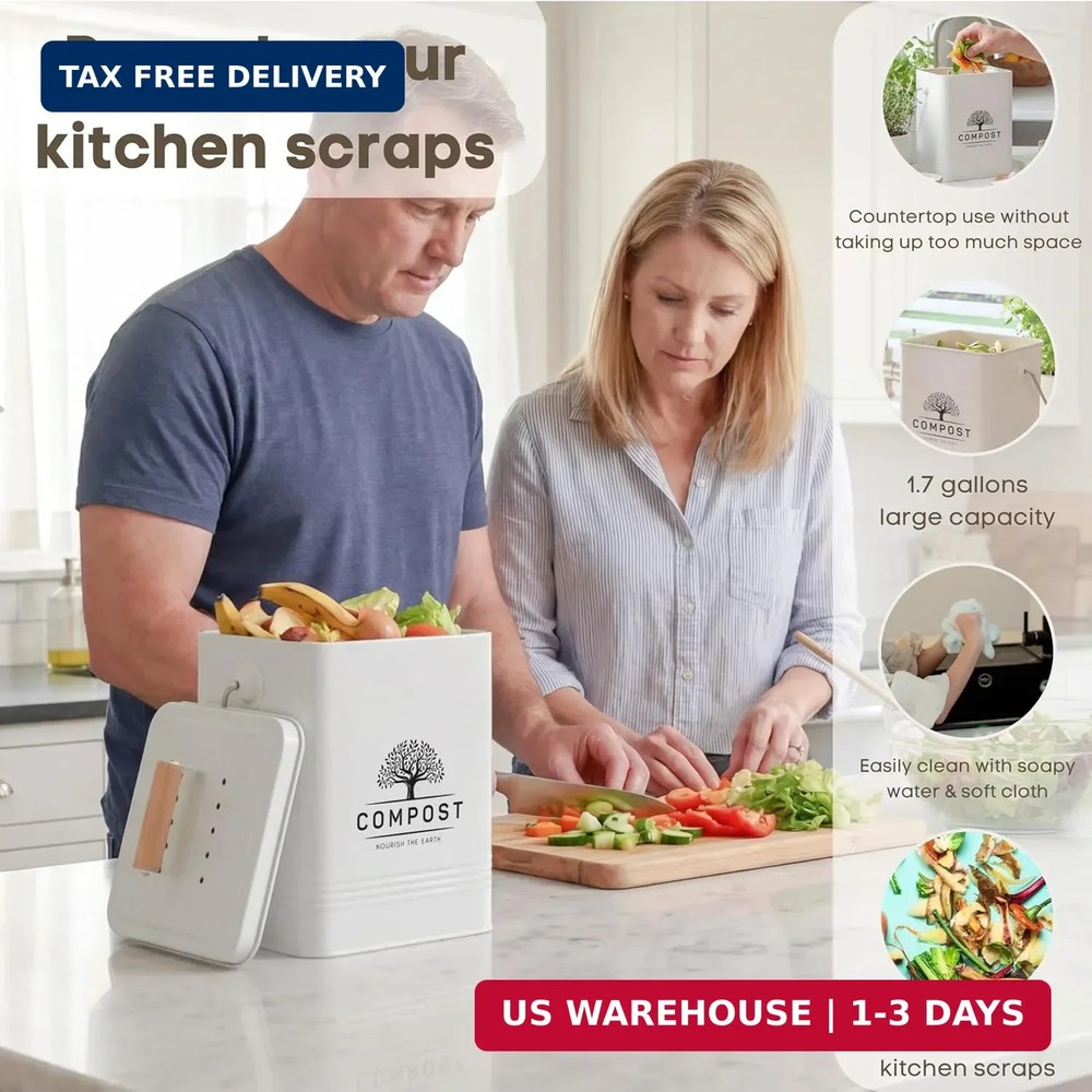 Kitchen Compost Bin, 1.7 Gallon Countertop Compost Bin with Lid, Indoor Compost