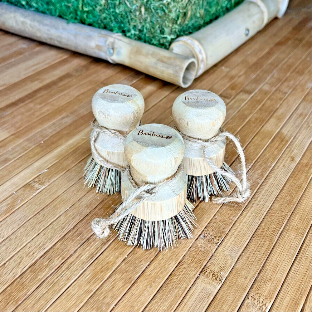 3 Bamboo Pot Scrubbers | Natural Handle & Bristles | Compostable | Eco-friendly