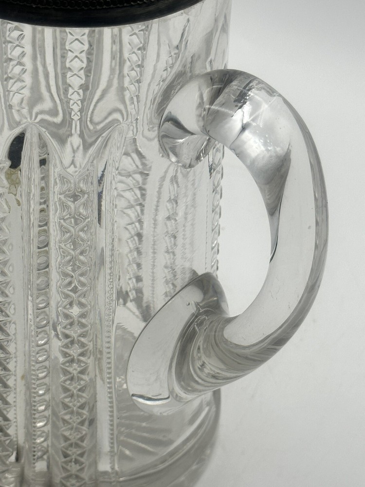 Antique Crystal Molded Glass Pitcher 8 Cup With Applied Handle & Decorative Lip