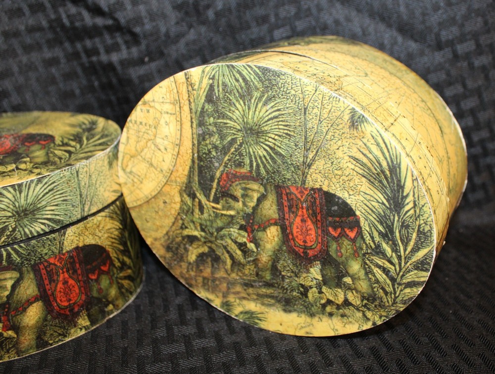 Set of 2 (4 ct) Stackable Nesting Oval Storage Boxes:World Globe Elephant Jungle