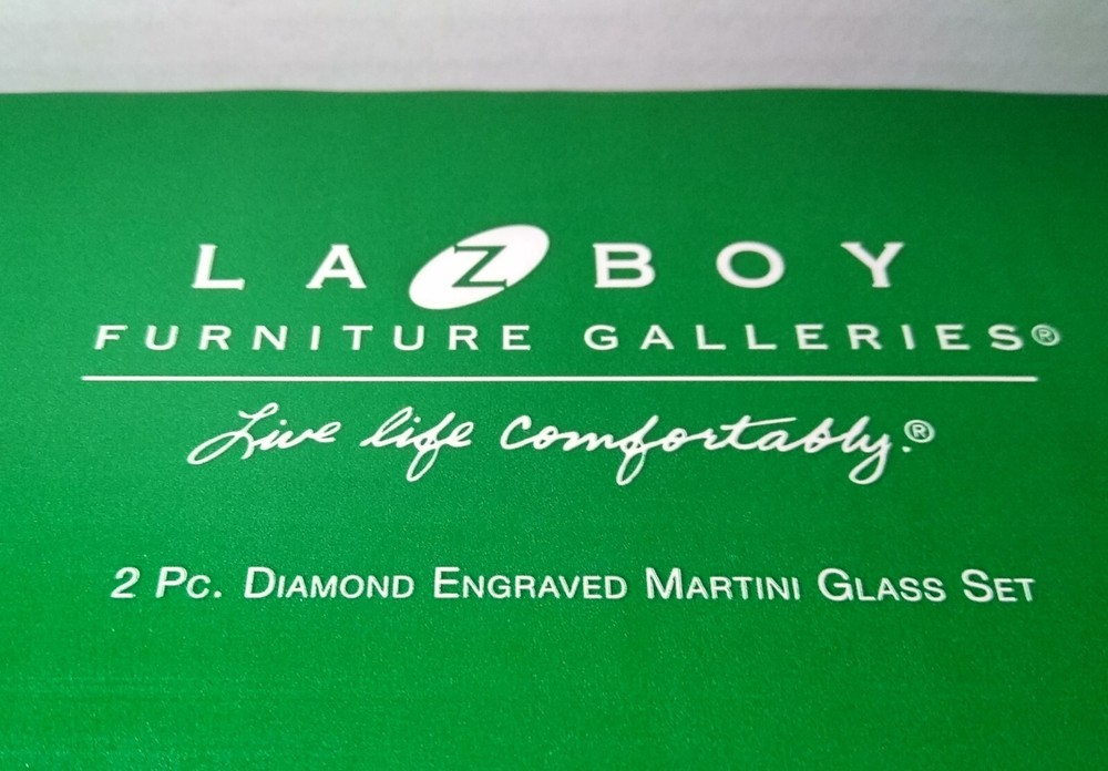 2 PC Diamond Engraved Martini Glass Set LaZboy NEW Elegant Stemware