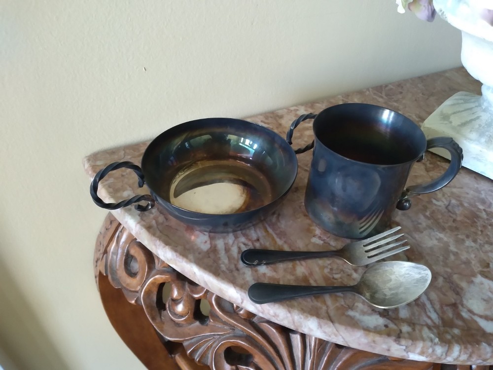 LUNT Silverplate Child's Handled Bowl, Cup, Spoon & Fork Set