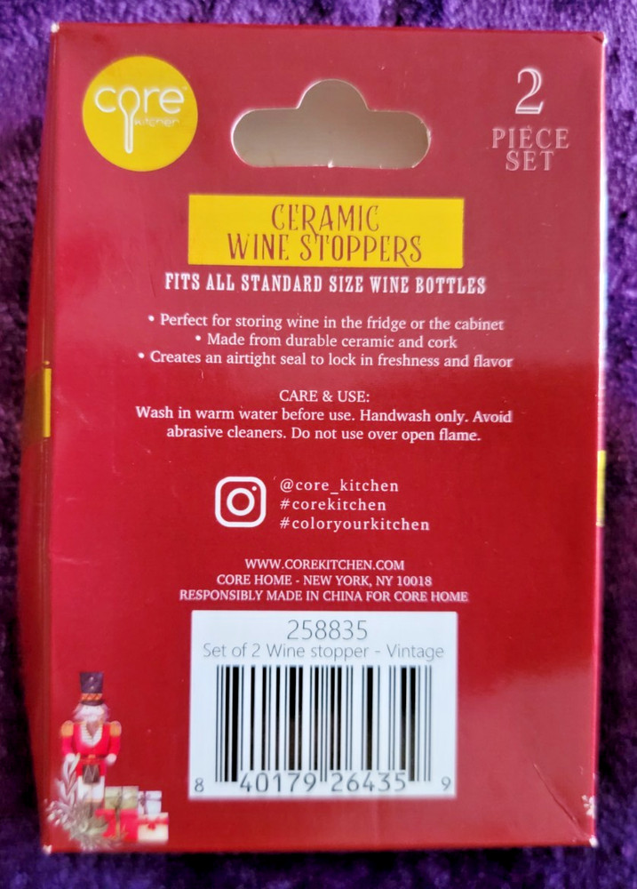 Core Kitchen Nutcracker Ceramic Wine Stopper 2-Piece Set ~ New open box