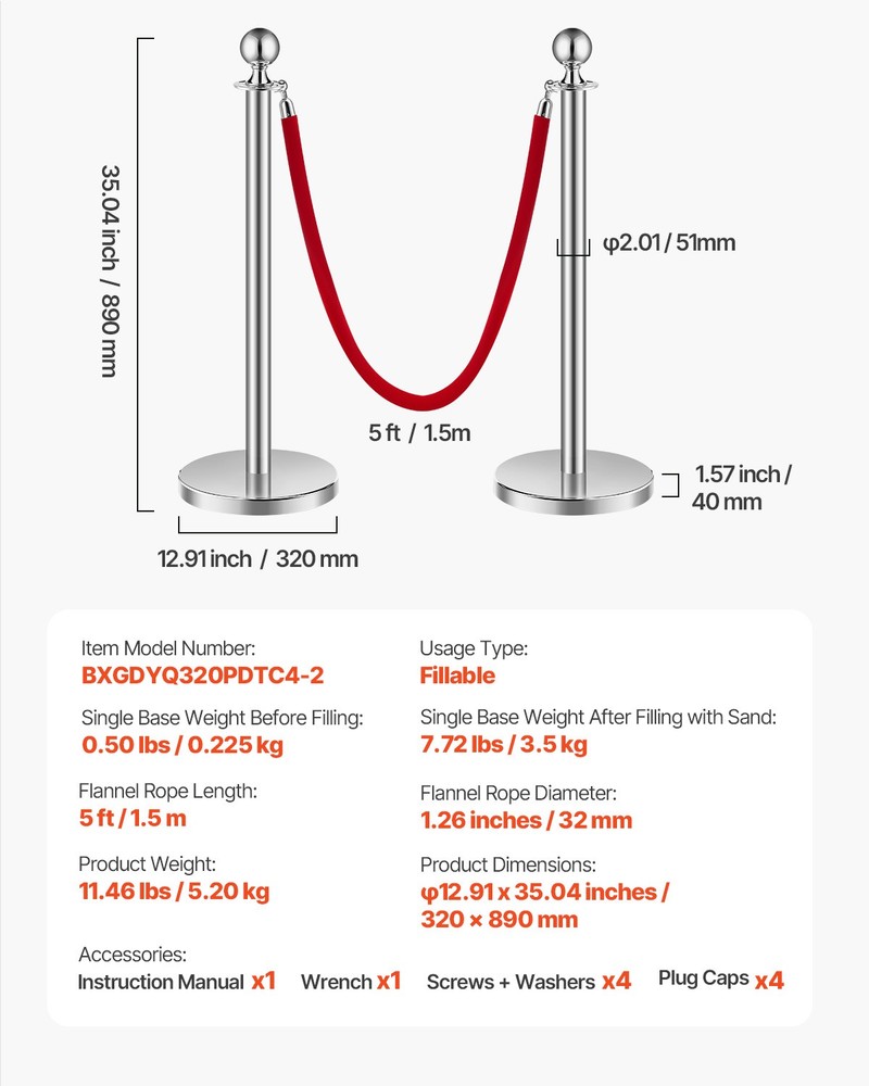 VEVOR 4Pcs Stanchion Posts Queue Barrier Crowd Control Sand Injection Base