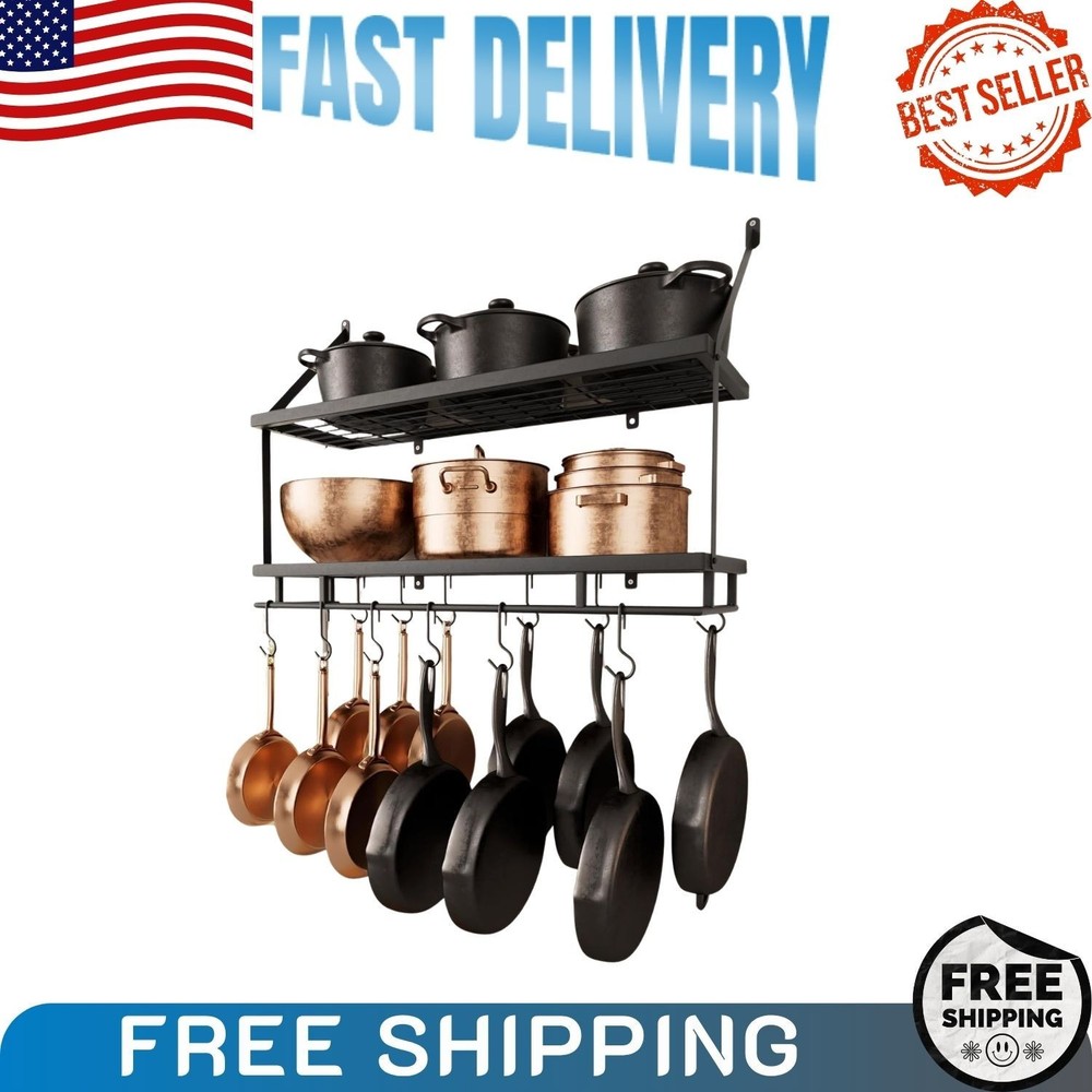 NEW 30 Inch Wall Mounted Pot Rack 2 Tier Matte Black 12 Hooks Organizer