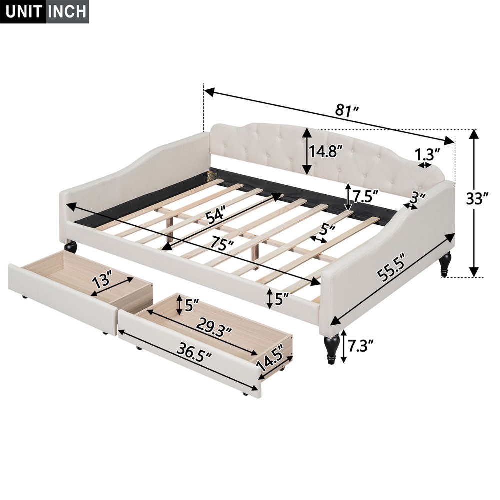 Full Size Daybed Upholstered Bed Frame Sofa Bed w/ 2 Storage Drawers Beige