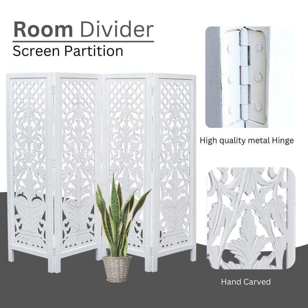 Room Divider Wood Screen Panel – White, 4-Panel Folding 64"x54", Hand-Carved,...