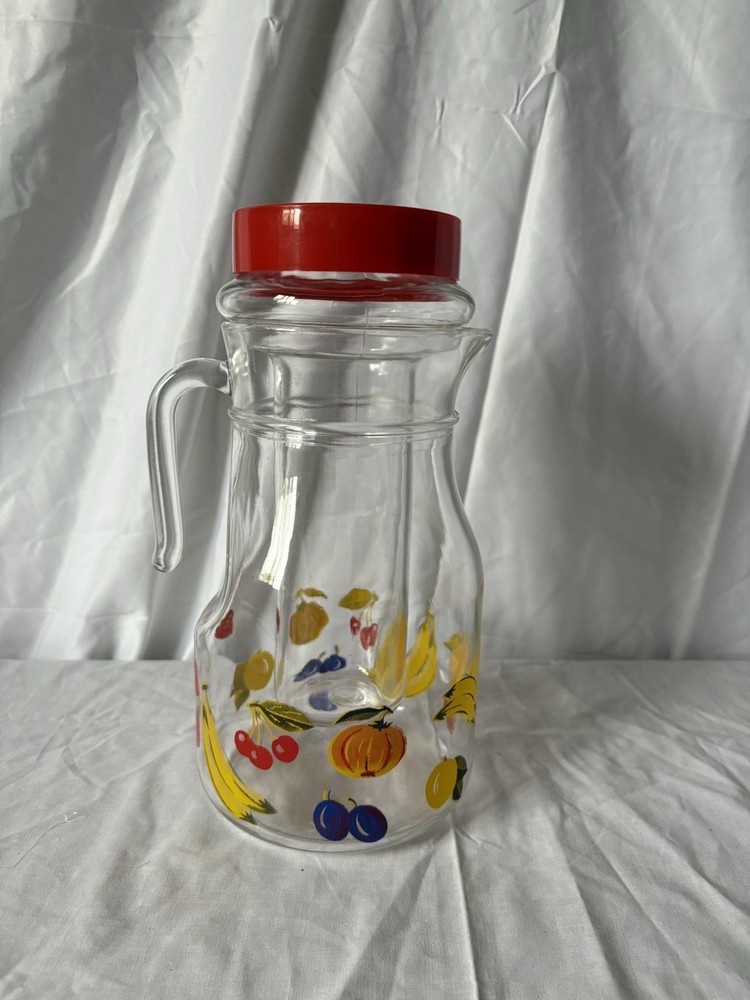 Large Vintage Glass Pitcher with Removable Ice Column | Fruit Pattern