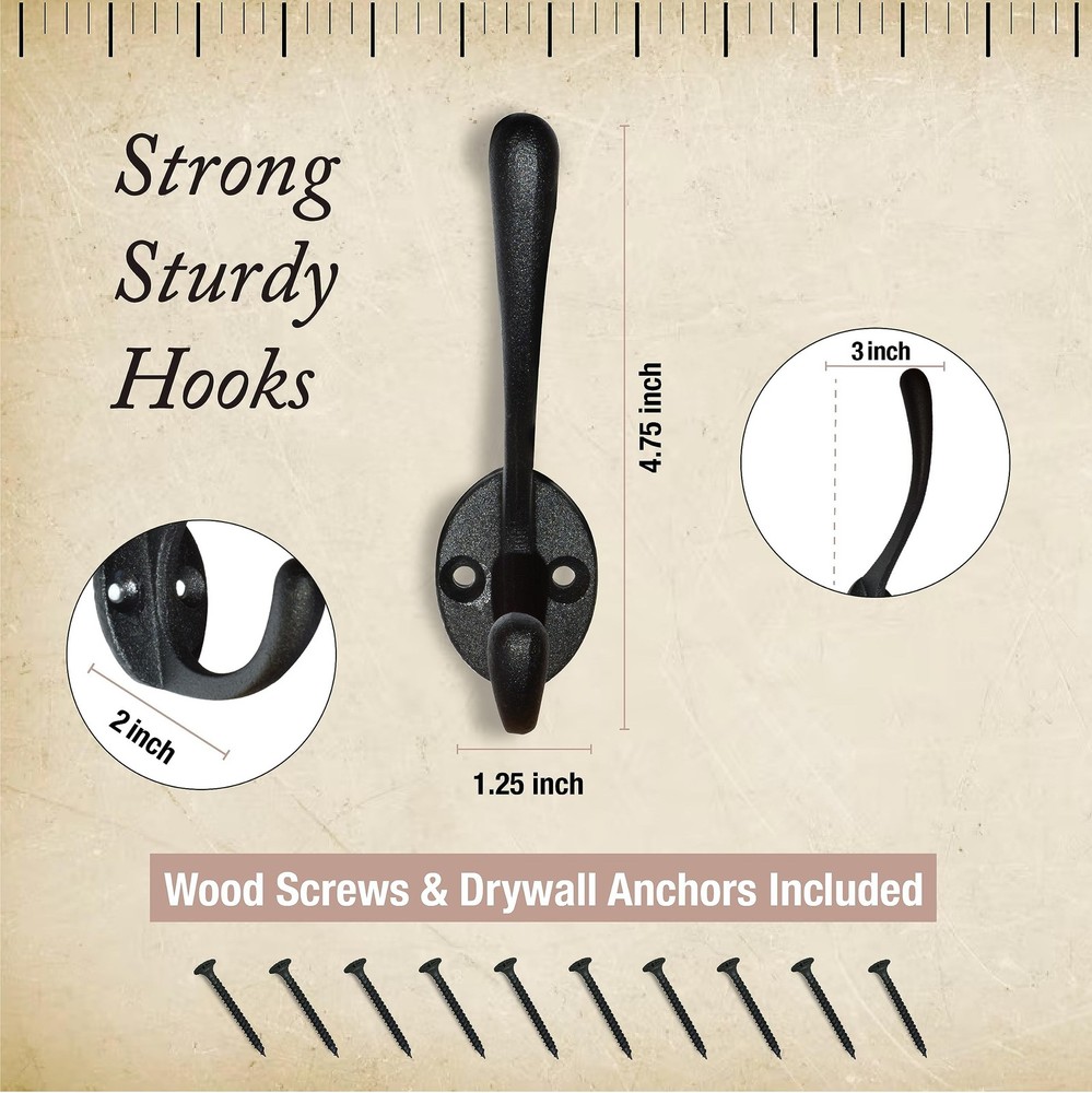 Heavy Duty Cast Iron Wall Hooks (4 Pack) Non Rusting - Wall Hooks