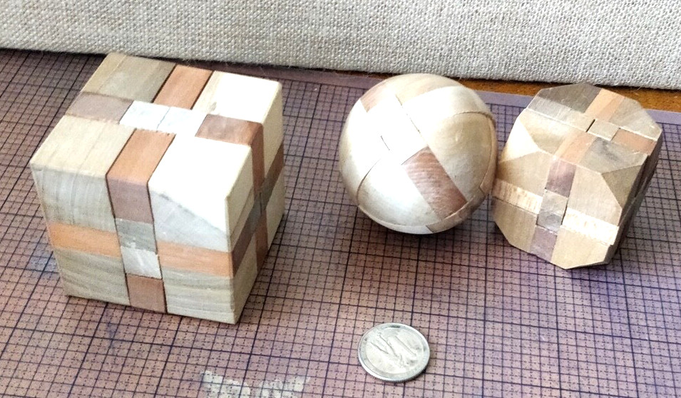 3 Wooden Puzzle Brain Teasers - Cube, Sphere, Rounded cube