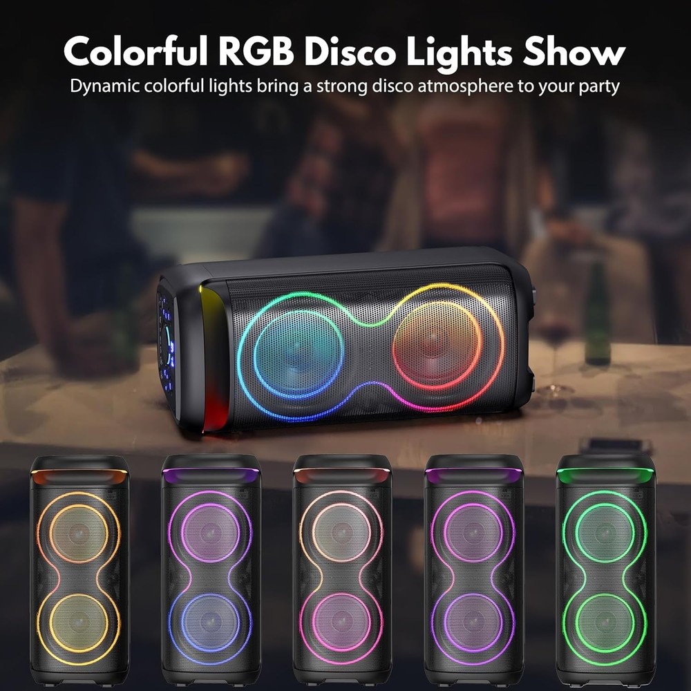 Bluetooth Party Speaker with LED Disco Light, Support TWS/USB/AUX/TF Card Input