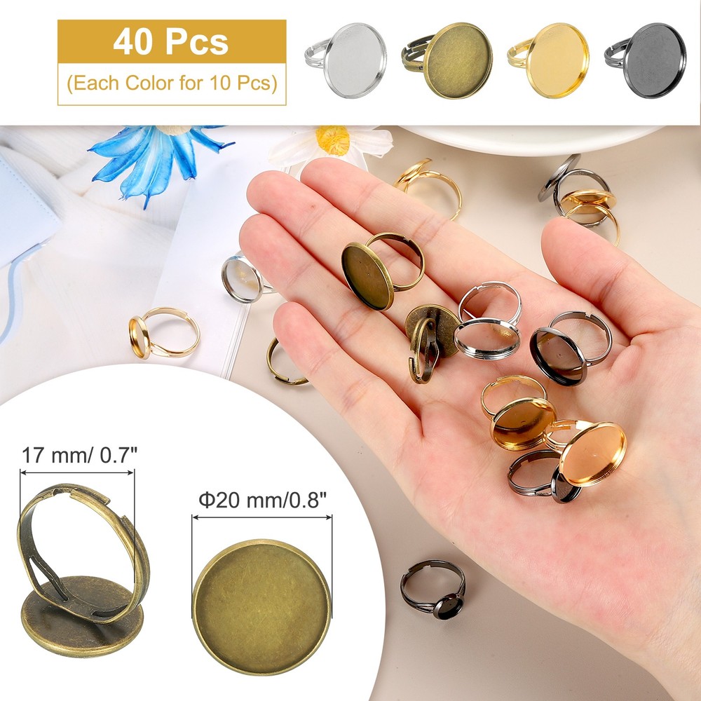 40Pcs Metal Base Blank, 20mm Adjustable Pad Cabochon Blank Base(4 Color)