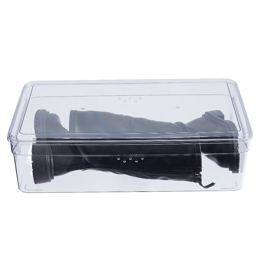 Clear Glossy Plastic Shoe Storage Box with Lid, Stackable Closet Organizer for